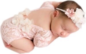 Vemonllas Newborn Photography Props Baby Girls Floral Headband and Open Back Romper Photo Prop Outfits