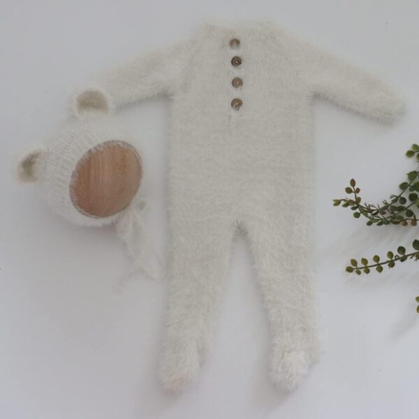 Vemonllas Newborn Photography Props Boys Girls Outfits Mohair Bear Hat Bonnet & Footed Romper Bodysuit Photoshoot Costume Set