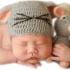 Vemonllas Newborn Photography Props Outfits Boys Girls Knit Baby Photo Props Mouse Hat and Doll Newborn Photo Shoot Set