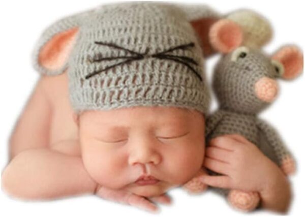 41uduhGAEIL._AC_SL1001 Vemonllas Newborn Photography Props Outfits Boys Girls Knit Baby Photo Props Mouse Hat and Doll Newborn Photo Shoot Set