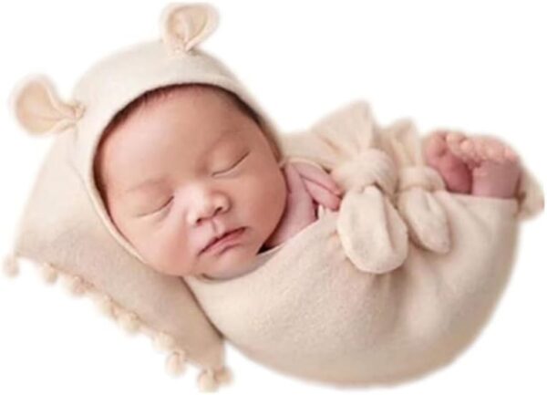 41y6n9WNUOL._AC_SL1001 Vemonllas Newborn Baby Boy Girl Photography Props Bow Wrap, Posing Aid, Hat and Blanket Set of 4 Pcs