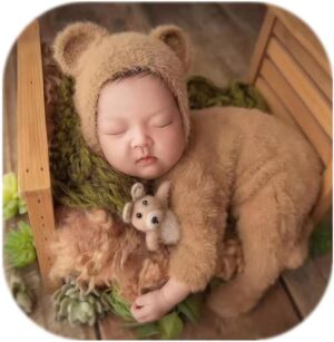 Vemonllas Newborn Photography Props Boys Girls Outfits Mohair Bear Hat Bonnet & Footed Romper Bodysuit Photoshoot Costume Set