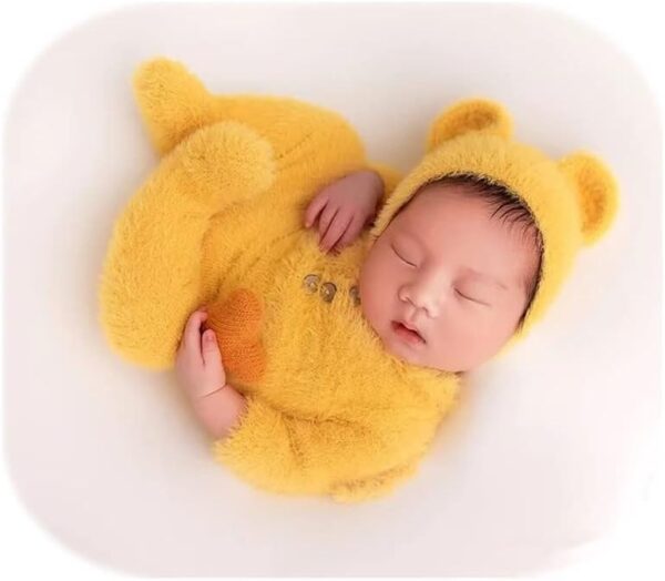 Vemonllas Newborn Photography Props Boys Girls Outfits Mohair Bear Hat Bonnet & Footed Romper Bodysuit Photoshoot Costume Set