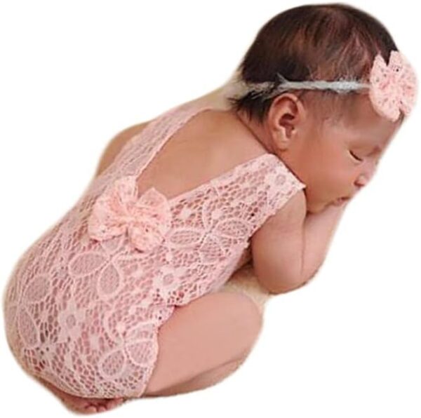 51OK3OMGfQL._AC_SL1001 Newborn Baby Photography Props Outfits Girls Princess Lace Bow Headband Deep-V Rompers Bodysuits Baby Photo Props
