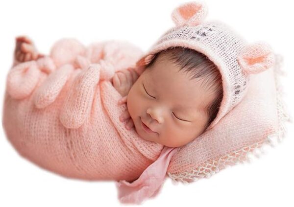 51RK4odtBWL._AC_SL1001 Vemonllas Newborn Baby Boy Girl Photography Props Bow Wrap, Posing Aid, Hat and Blanket Set of 4 Pcs