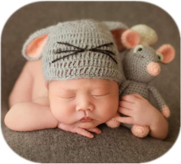 51S7UF3aNiL._AC_SL1001 Vemonllas Newborn Photography Props Outfits Boys Girls Knit Baby Photo Props Mouse Hat and Doll Newborn Photo Shoot Set