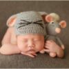 Vemonllas Newborn Photography Props Outfits Boys Girls Knit Baby Photo Props Mouse Hat and Doll Newborn Photo Shoot Set