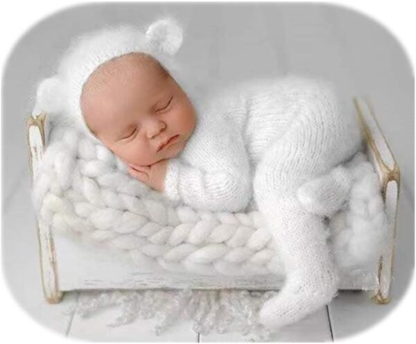 Vemonllas Newborn Photography Props Boys Girls Outfits Mohair Bear Hat Bonnet & Footed Romper Bodysuit Photoshoot Costume Set