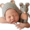 Vemonllas Newborn Photography Props Outfits Boys Girls Knit Baby Photo Props Mouse Hat and Doll Newborn Photo Shoot Set