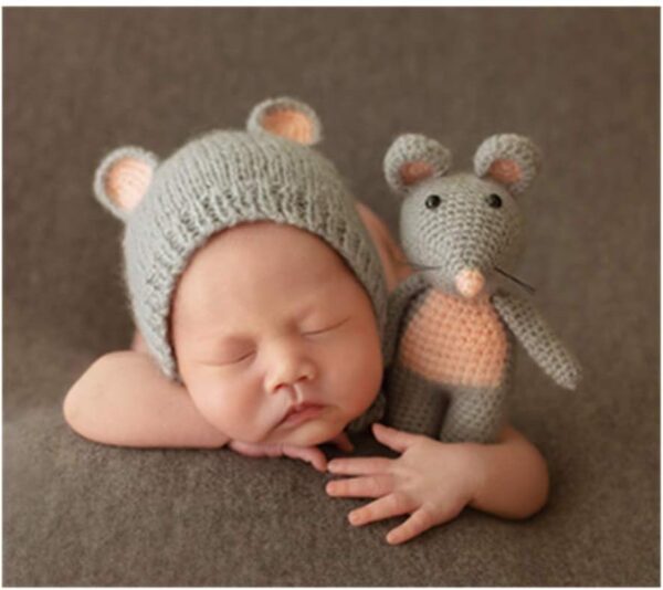 51g3NTtwYRL._AC_SL1001 Vemonllas Newborn Photography Props Outfits Boys Girls Knit Baby Photo Props Mouse Hat and Doll Newborn Photo Shoot Set