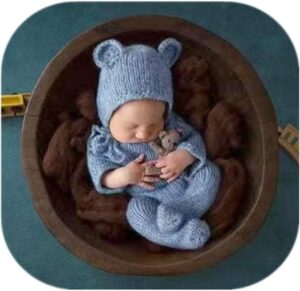 Vemonllas Newborn Photography Props Boys Girls Outfits Mohair Bear Hat Bonnet & Footed Romper Bodysuit Photoshoot Costume Set