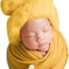 Vemonllas Newborn Photography Props Outfits Girl Boy Teddy Bear Hat with Wrap Stretch Blanket Baby Photo Props