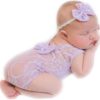 Newborn Baby Photography Props Outfits Girls Princess Lace Bow Headband Deep-V Rompers Bodysuits Baby Photo Props