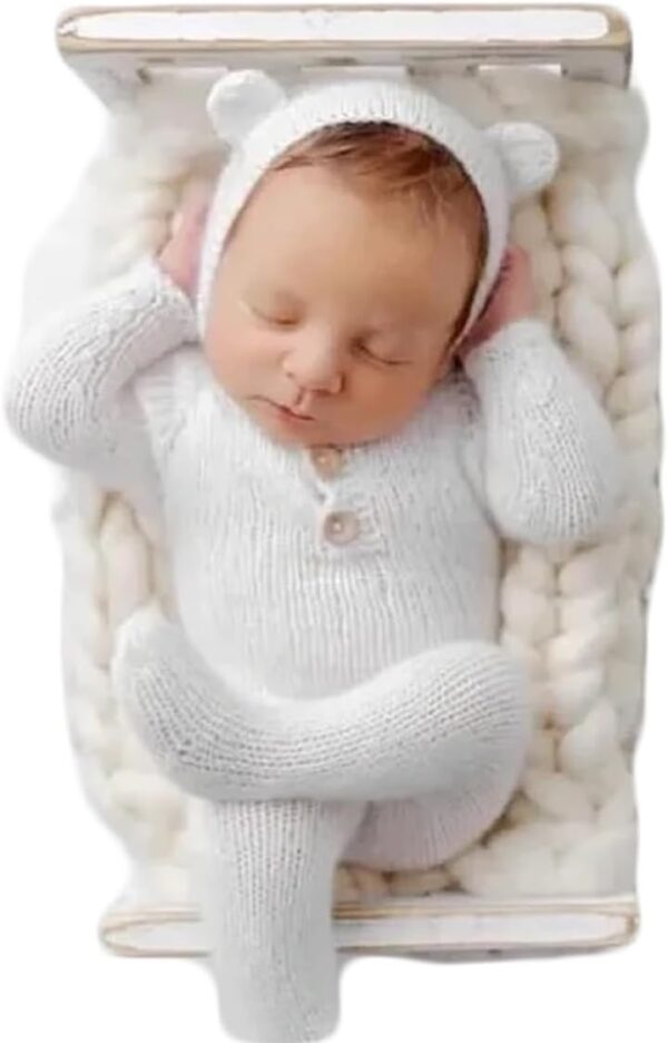 Vemonllas Newborn Photography Props Boys Girls Outfits Mohair Bear Hat Bonnet & Footed Romper Bodysuit Photoshoot Costume Set