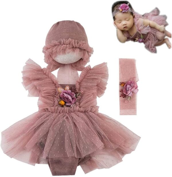 614Sbc-a6nL._AC_SL1001 Vemonllas Newborn Photography Props Baby Girls Outfits,Baby Photo Props Soft Lace Headdress Bodysuits Set