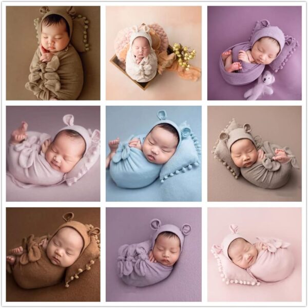 6197JSyoBVL._AC_SL1002 Vemonllas Newborn Baby Boy Girl Photography Props Bow Wrap, Posing Aid, Hat and Blanket Set of 4 Pcs