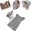 Vemonllas Newborn Photography Props Boys Girls Outfits Mohair Bear Hat Bonnets & with Romper Suspender Pants Baby Photo Prop