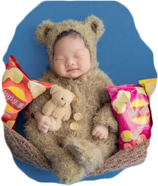 Vemonllas Newborn Photography Props Boys Girls Outfits Mohair Bear Hat Bonnet & Footed Romper Bodysuit Photoshoot Costume Set
