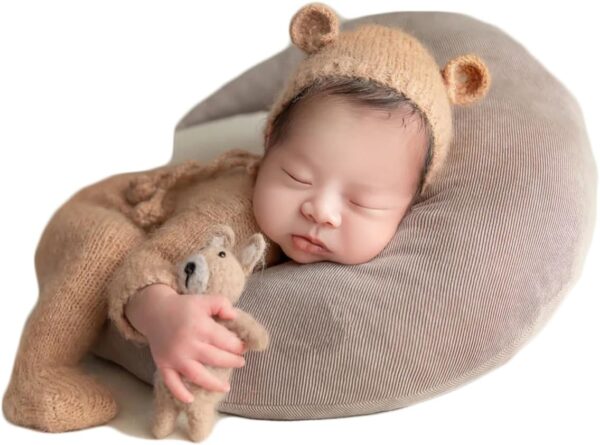 Vemonllas Newborn Photography Props Boys Girls Outfits Mohair Bear Hat Bonnet & Footed Romper Bodysuit Photoshoot Costume Set
