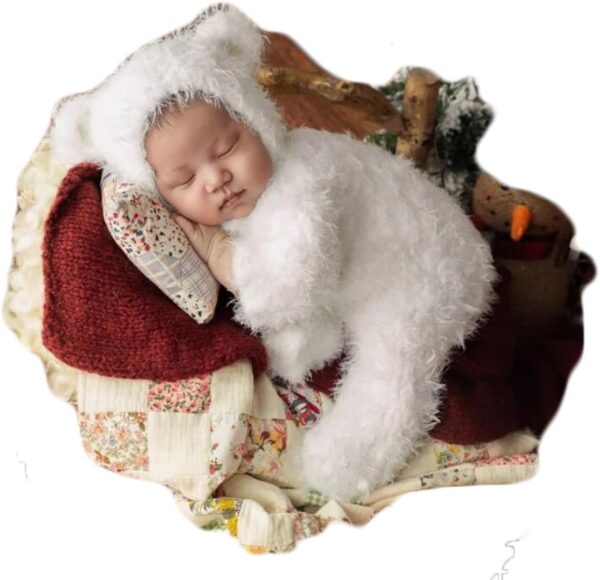Vemonllas Newborn Photography Props Boys Girls Outfits Mohair Bear Hat Bonnet & Footed Romper Bodysuit Photoshoot Costume Set
