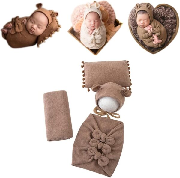 61TKZH6OeHL._AC_SL1001 Vemonllas Newborn Baby Boy Girl Photography Props Bow Wrap, Posing Aid, Hat and Blanket Set of 4 Pcs
