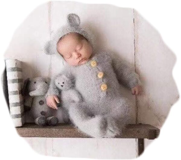 Vemonllas Newborn Photography Props Boys Girls Outfits Mohair Bear Hat Bonnet & Footed Romper Bodysuit Photoshoot Costume Set