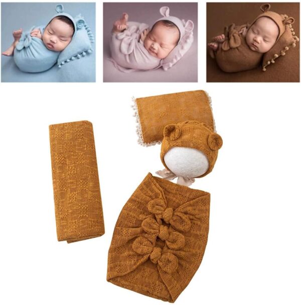 61exiuqPHaL._AC_SL1001 Vemonllas Newborn Baby Boy Girl Photography Props Bow Wrap, Posing Aid, Hat and Blanket Set of 4 Pcs