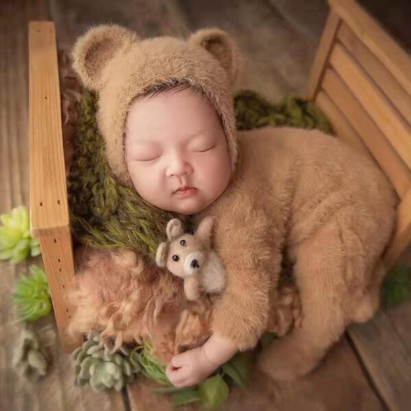 Vemonllas Newborn Photography Props Boys Girls Outfits Mohair Bear Hat Bonnet & Footed Romper Bodysuit Photoshoot Costume Set
