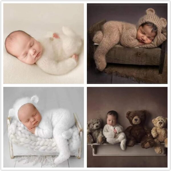 Vemonllas Newborn Photography Props Boys Girls Outfits Mohair Bear Hat Bonnet & Footed Romper Bodysuit Photoshoot Costume Set