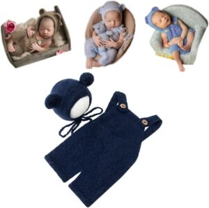 Vemonllas Newborn Photography Props Boys Girls Outfits Mohair Bear Hat Bonnets & with Romper Suspender Pants Baby Photo Prop