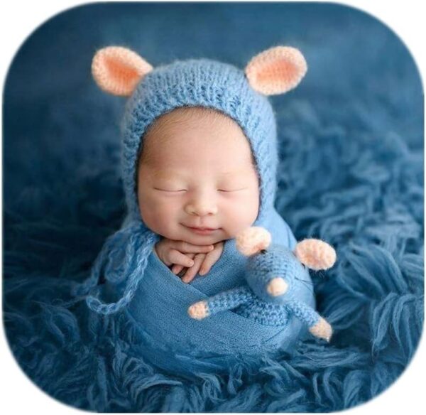61mwoMLFMRL._AC_SL1001 Vemonllas Newborn Photography Props Outfits Boys Girls Knit Baby Photo Props Mouse Hat and Doll Newborn Photo Shoot Set