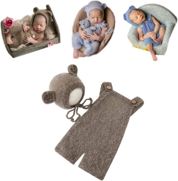 61oS0gVgb8L._AC_SL1001 Vemonllas Newborn Photography Props Boys Girls Outfits Mohair Bear Hat Bonnets & with Romper Suspender Pants Baby Photo Prop