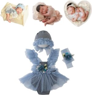 Vemonllas Newborn Photography Props Baby Girls Outfits,Baby Photo Props Soft Lace Headdress Bodysuits Set