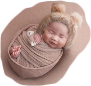 Vemonllas Newborn Photography Props Outfits Girl Boy Teddy Bear Hat with Wrap Stretch Blanket Baby Photo Props