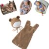 Vemonllas Newborn Photography Props Boys Girls Outfits Mohair Bear Hat Bonnets & with Romper Suspender Pants Baby Photo Prop