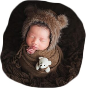 Vemonllas Newborn Photography Props Outfits Girl Boy Teddy Bear Hat with Wrap Stretch Blanket Baby Photo Props