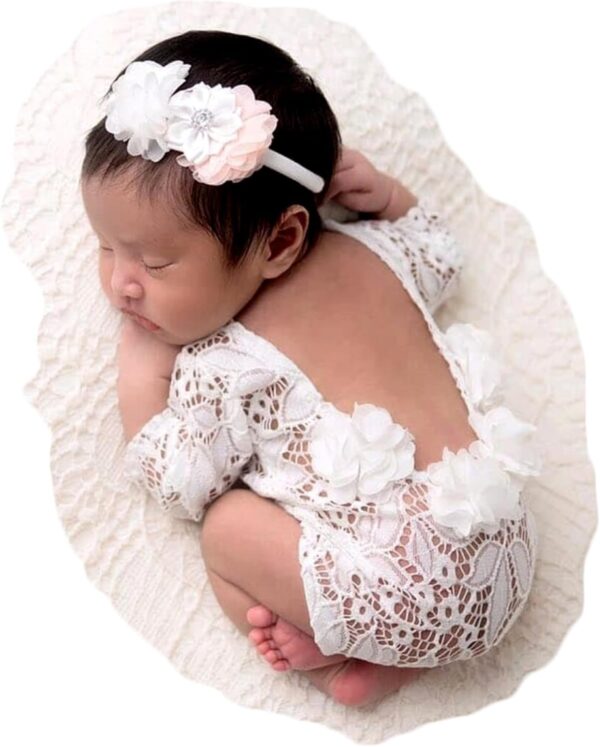71r2GTWiwDL._AC_SL1500 Newborn Baby Photography Props Outfits Girls Princess Lace Bow Headband Deep-V Rompers Bodysuits Baby Photo Props
