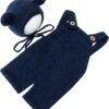 Vemonllas Newborn Photography Props Boys Girls Outfits Mohair Bear Hat Bonnets & with Romper Suspender Pants Baby Photo Prop