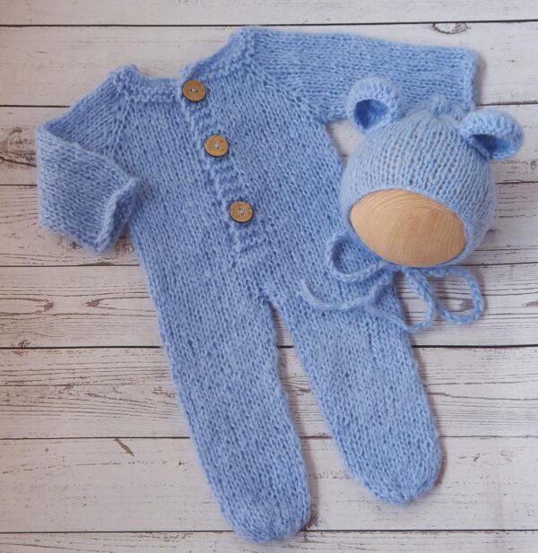 Vemonllas Newborn Photography Props Boys Girls Outfits Mohair Bear Hat Bonnet & Footed Romper Bodysuit Photoshoot Costume Set