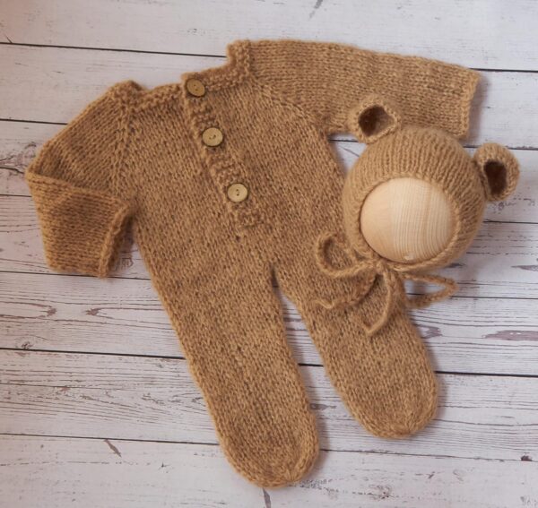 Vemonllas Newborn Photography Props Boys Girls Outfits Mohair Bear Hat Bonnet & Footed Romper Bodysuit Photoshoot Costume Set