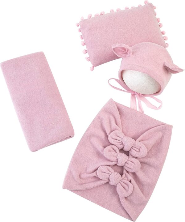 91G62PocDDL._AC_SL1500 Vemonllas Newborn Baby Boy Girl Photography Props Bow Wrap, Posing Aid, Hat and Blanket Set of 4 Pcs