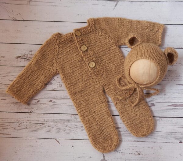 Vemonllas Newborn Photography Props Boys Girls Outfits Mohair Bear Hat Bonnet & Footed Romper Bodysuit Photoshoot Costume Set
