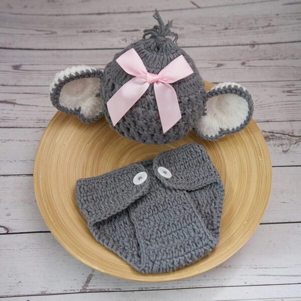 91ljpzpqC3L._AC_SL1500 Vemonllas Newborn Photography Props Outfit Boys Girls Elephant Hat Bonnet & Shorts Baby Photo Props Crochet Knitted Costumes