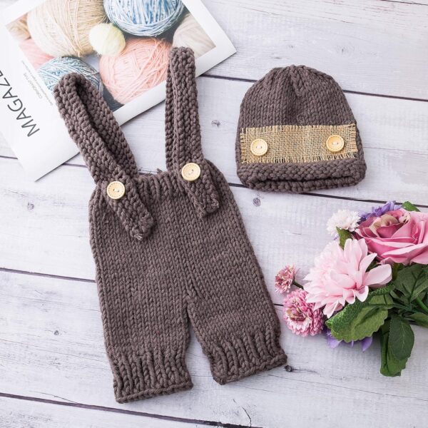 A1jMNZPm5sL._AC_SL1500 Vemonllas Newborn Photography Props Outfit Girl Boy Baby Photo Props Handmade Knit Hat Bonnet & Suspender Pants Costumes